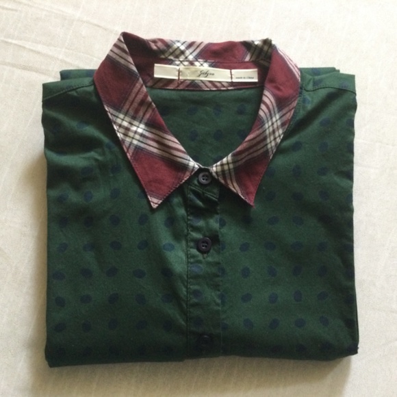 Gibson Button Down Polka Dot Blouse Contrast Plaid Collar and Cuffs SZ M - Picture 13 of 13